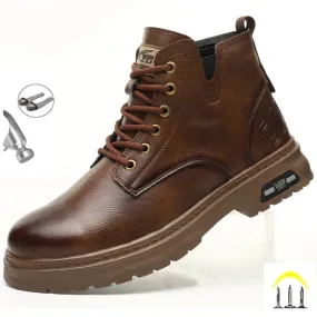 2024 Fashion Waterproof Leather Work Boots for Men - Steel Toe Safety Shoes with Side Zipper, Indestructible & Protective