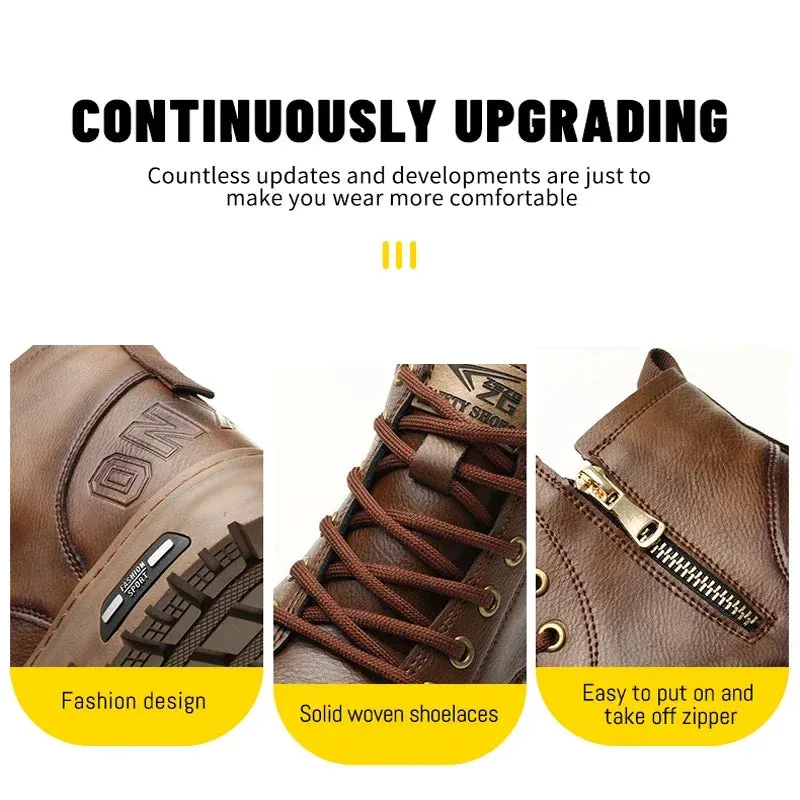 2024 Fashion Waterproof Leather Work Boots for Men - Steel Toe Safety Shoes with Side Zipper, Indestructible & Protective
