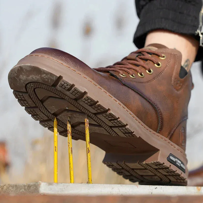 2024 Fashion Waterproof Leather Work Boots for Men - Steel Toe Safety Shoes with Side Zipper, Indestructible & Protective
