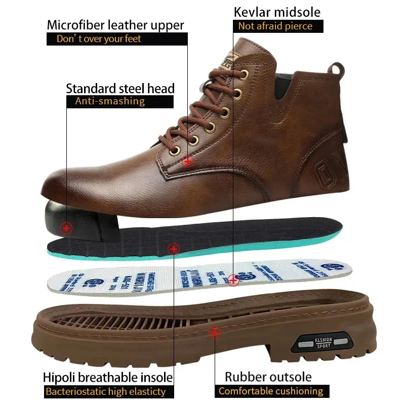 2024 Fashion Waterproof Leather Work Boots for Men - Steel Toe Safety Shoes with Side Zipper, Indestructible & Protective