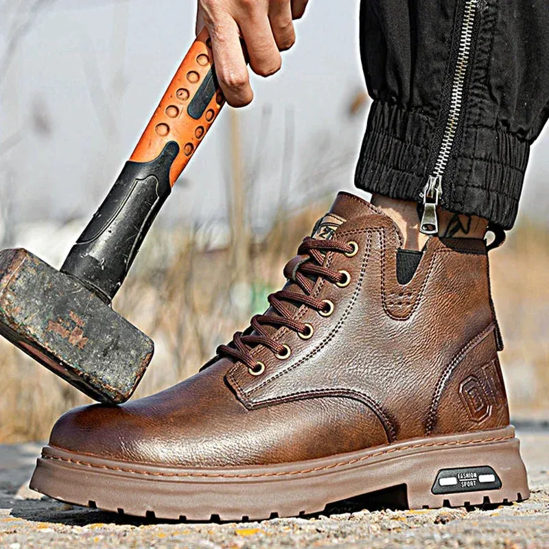 2024 Fashion Waterproof Leather Work Boots for Men - Steel Toe Safety Shoes with Side Zipper, Indestructible & Protective