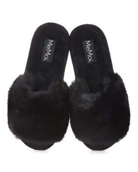 Bette Plush Open-Toe Slippers in Black