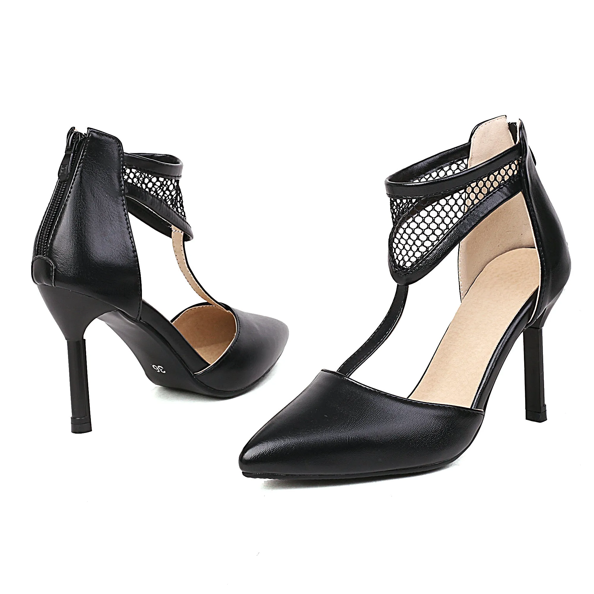 Bigsizeheels Cutout Mesh Ankle Strap Stiletto Sandals - Black