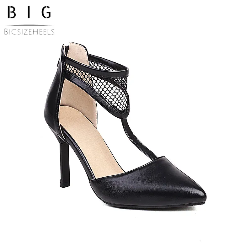 Bigsizeheels Cutout Mesh Ankle Strap Stiletto Sandals - Black