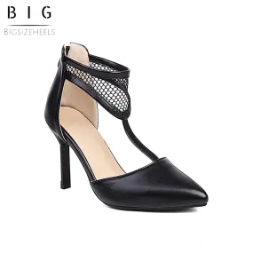 Bigsizeheels Cutout Mesh Ankle Strap Stiletto Sandals - Black