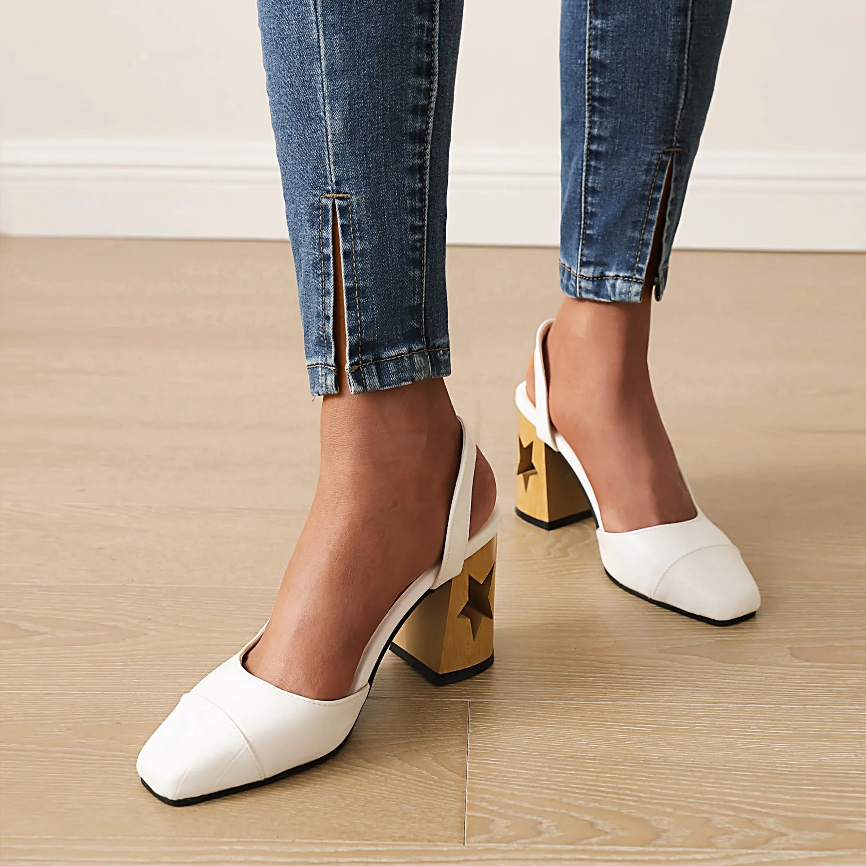 Bigsizeheels Pentagram Square Toe Sculpted Block Heel Patch Sandals - Apricot
