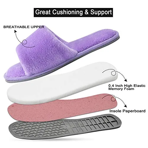 DL Open Toe Slippers for women Indoor, Cozy Memory Foam Womens House Slippers Summer Slip On, Comfy Soft Flannel Womens Bedroom Slippers Slide Breathable Size 7-8 Lilac