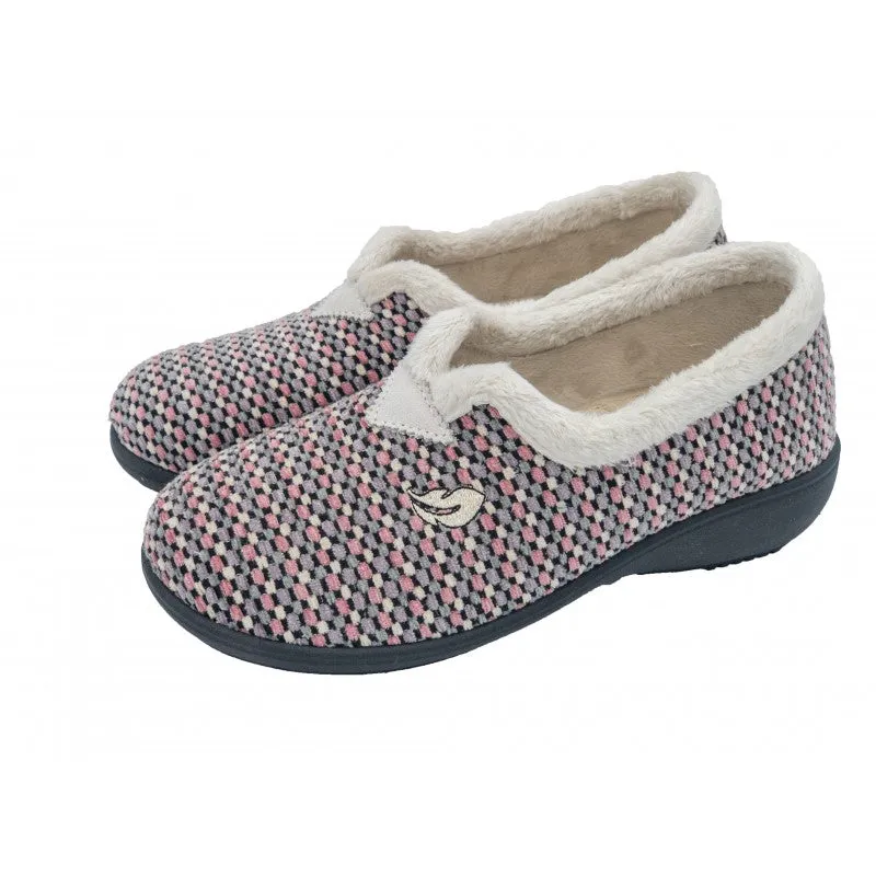 Ladies Fur Trimmed Bedroom Slippers Pink/Grey Plumaflex Memory Foam R14217