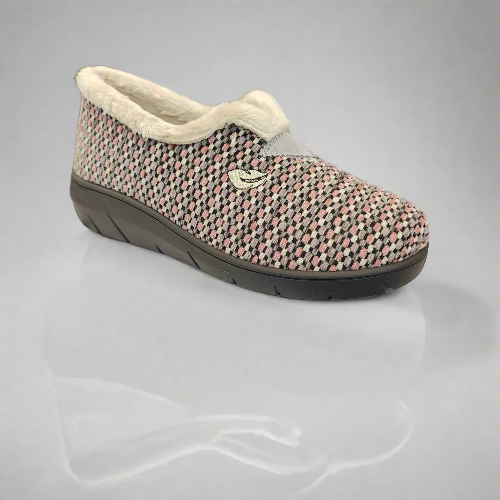 Ladies Fur Trimmed Bedroom Slippers Pink/Grey Plumaflex Memory Foam R14217