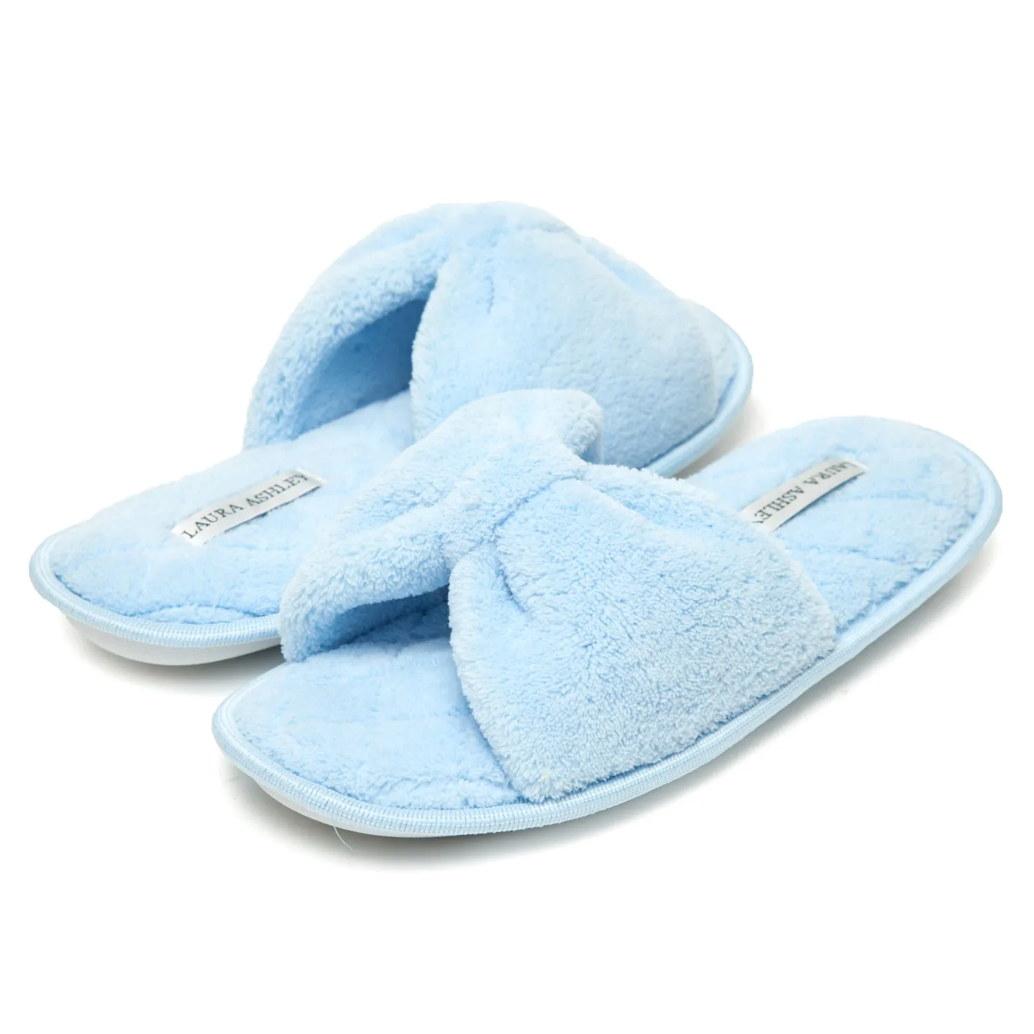 Laura Ashley Ladies Open Toe Spa Slippers with Bow and Memory Foam Insole