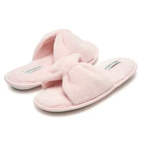 Laura Ashley Ladies Open Toe Spa Slippers with Bow and Memory Foam Insole