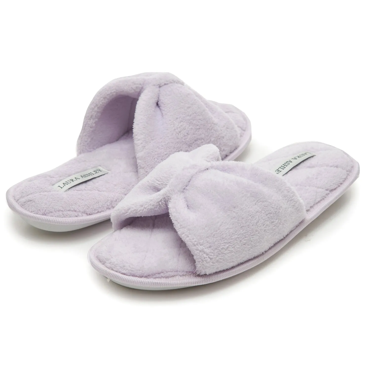 Laura Ashley Ladies Open Toe Spa Slippers with Bow and Memory Foam Insole