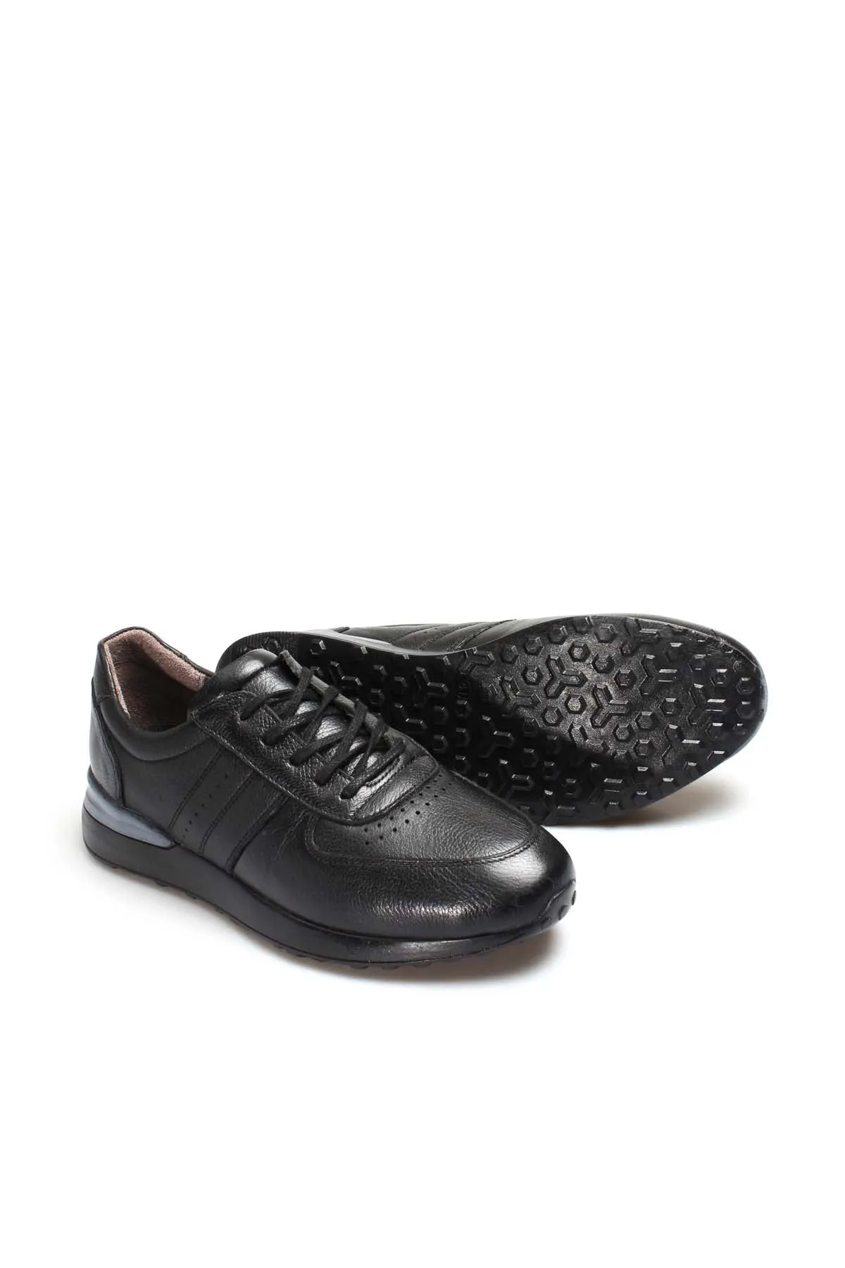 Men's Black Leather Lace-Up Sneakers with Perforated Design and Cushioned Sole - Wessi