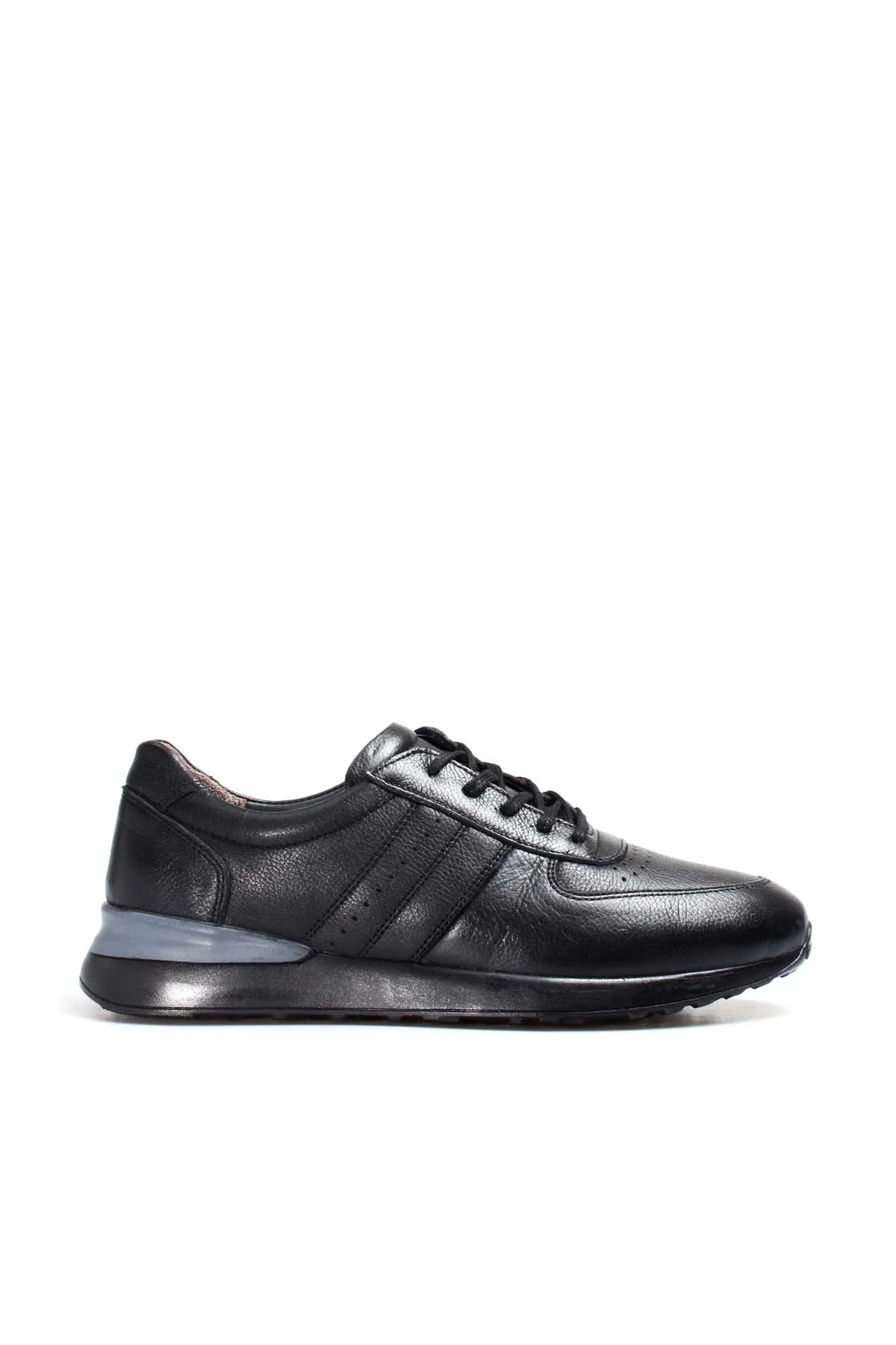Men's Black Leather Lace-Up Sneakers with Perforated Design and Cushioned Sole - Wessi