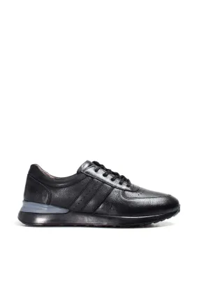 Men's Black Leather Lace-Up Sneakers with Perforated Design and Cushioned Sole - Wessi