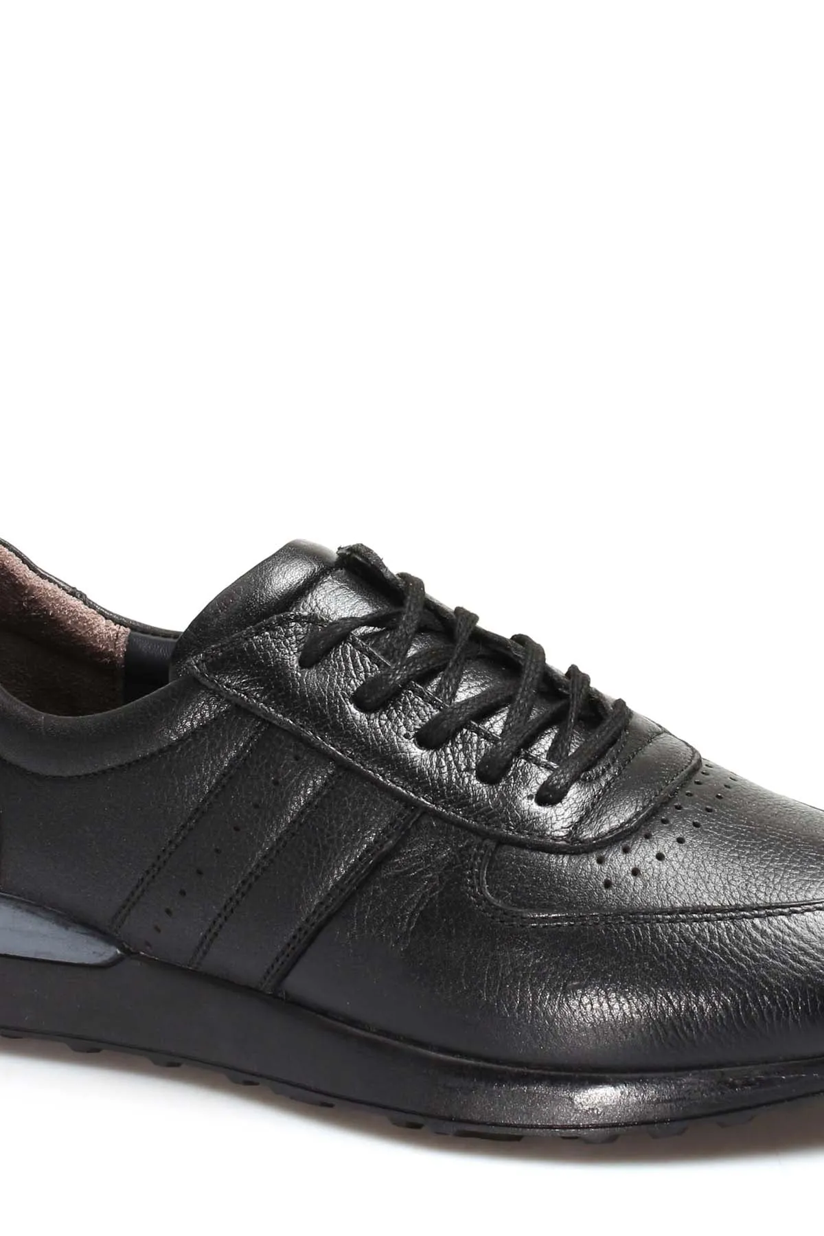 Men's Black Leather Lace-Up Sneakers with Perforated Design and Cushioned Sole - Wessi