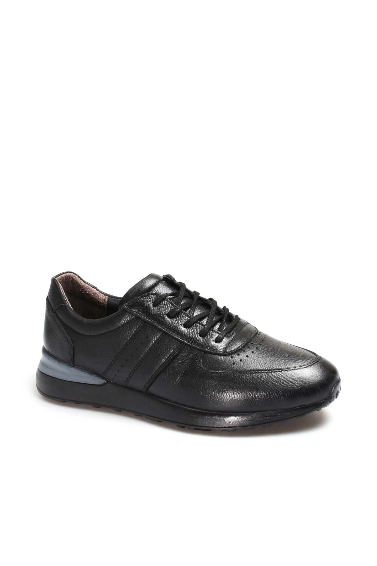 Men's Black Leather Lace-Up Sneakers with Perforated Design and Cushioned Sole - Wessi
