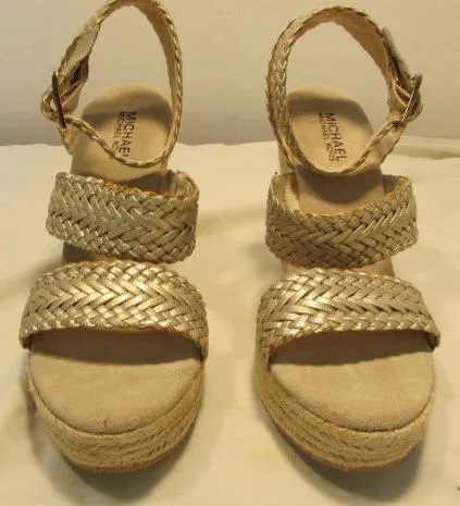 Michael Kors Juniper Espadrille Woven Weave Leather Wedge Sandals