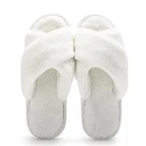 The Season Essentials U-slide Women’s Cross Band Soft Plush Fluffy Furry Fleece House Indoor or Outdoor Ladies’ Slide Slippers (Ivory, 11)