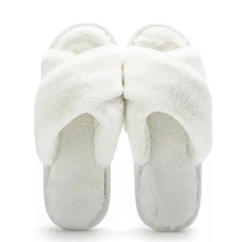The Season Essentials U-slide Women’s Cross Band Soft Plush Fluffy Furry Fleece House Indoor or Outdoor Ladies’ Slide Slippers (Ivory, 11)