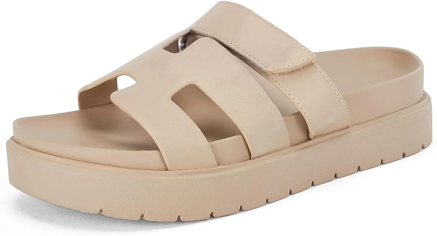 Women's Platform Slide Sandals Slip on Thick Sole Open Toe Non Slip Velcro Summer Flats Shoes